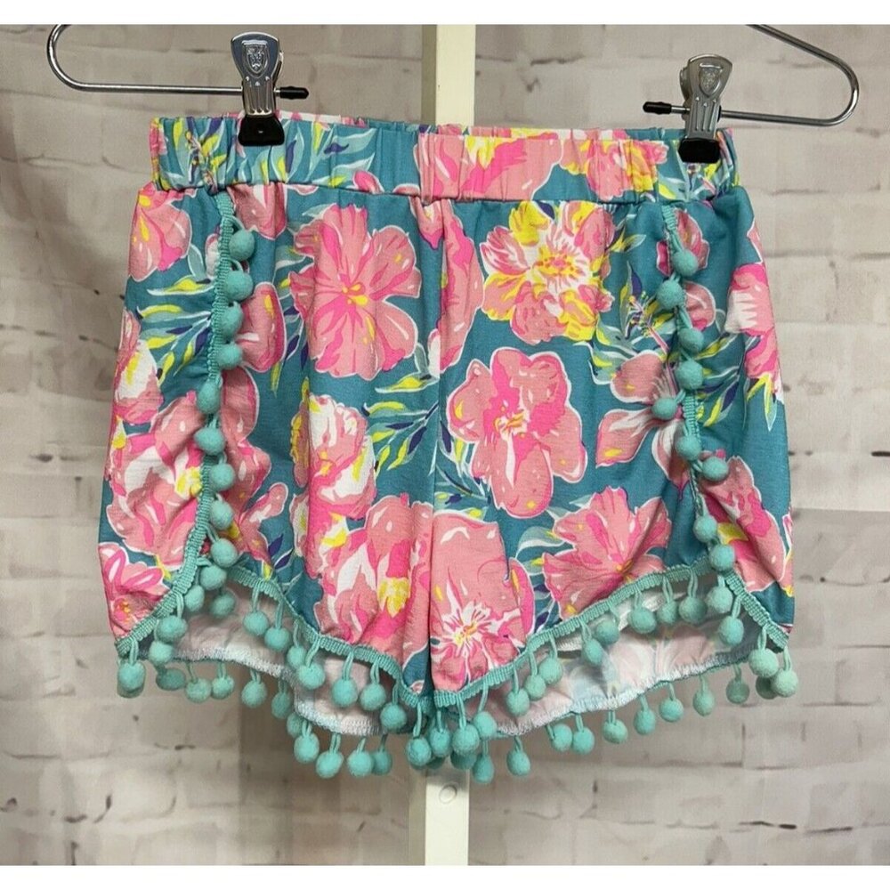 Simply Southern Girls Floral Shorts Pom Pom Tassel Fringe Pink Teal Hawaiian
